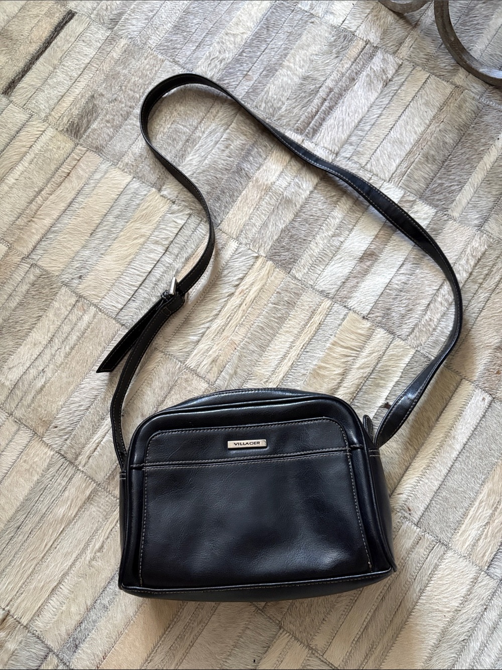villager Black Leather Messenger Crossbody Bag